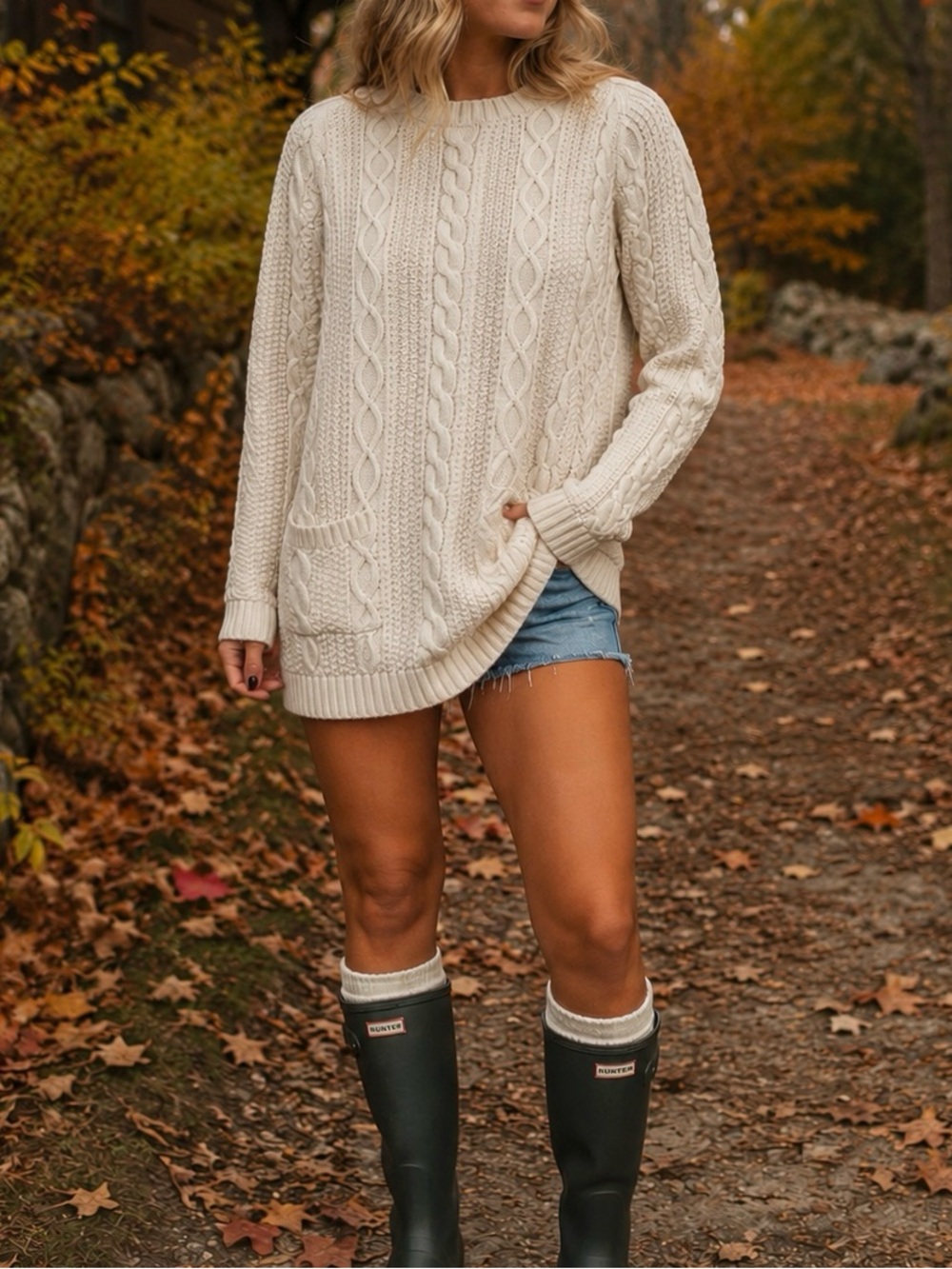 Jeanne Pierre Fall Cream Cotton Cable Knit Sweater with Pockets Size M